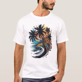 Camiseta Palmeira em estilo de pintura com onda marítima