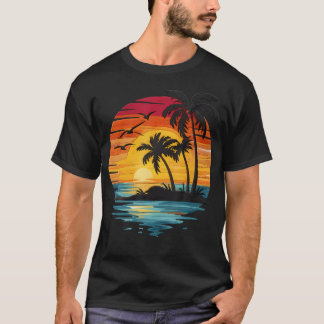 Camiseta Palmeira Retro Pôr do Sol Verão Praia Vintage
