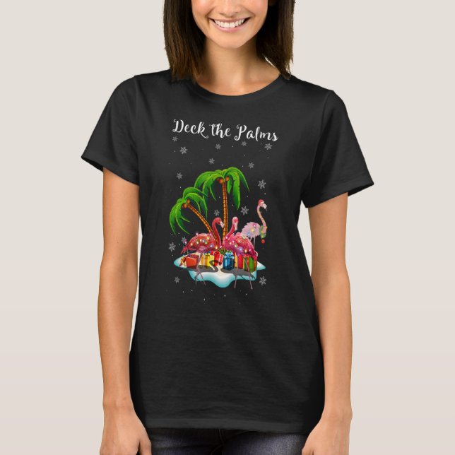 Camiseta Palms Lights Feliz Flamingo Árvore de Natal Coco (Frente)