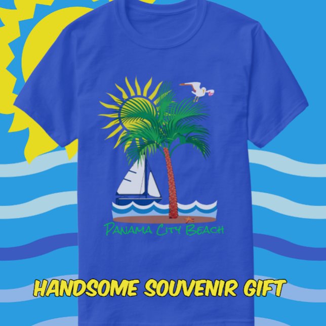 Camiseta Panamá City Beach Flórida Palm Sailboat e Sun (Pick your shirt and text colors.)