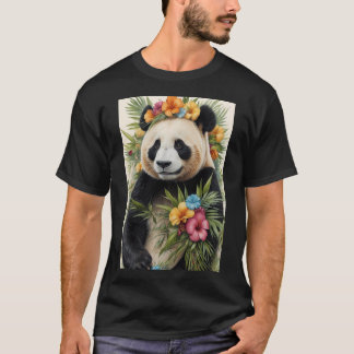 Camiseta Panda Animal Art Com Coroa Tropical Floral E Le