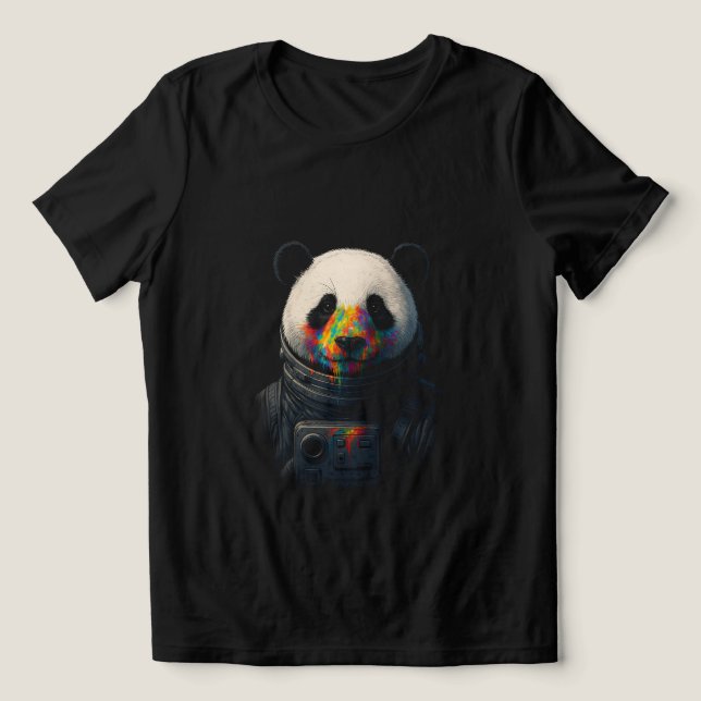 Camiseta Panda Astronauta com Salpico de Tinta Neon  (Design frontal)