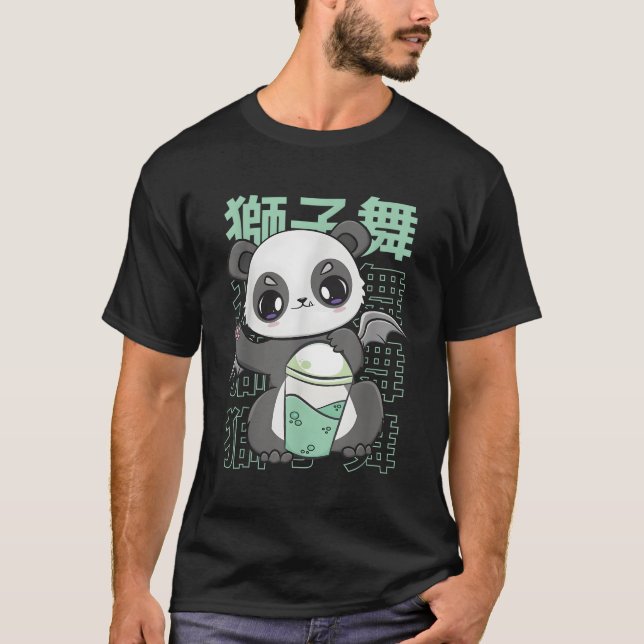 Camiseta Panda Bebendo Borrha Leite Tea Mochi Animais Kanji (Frente)