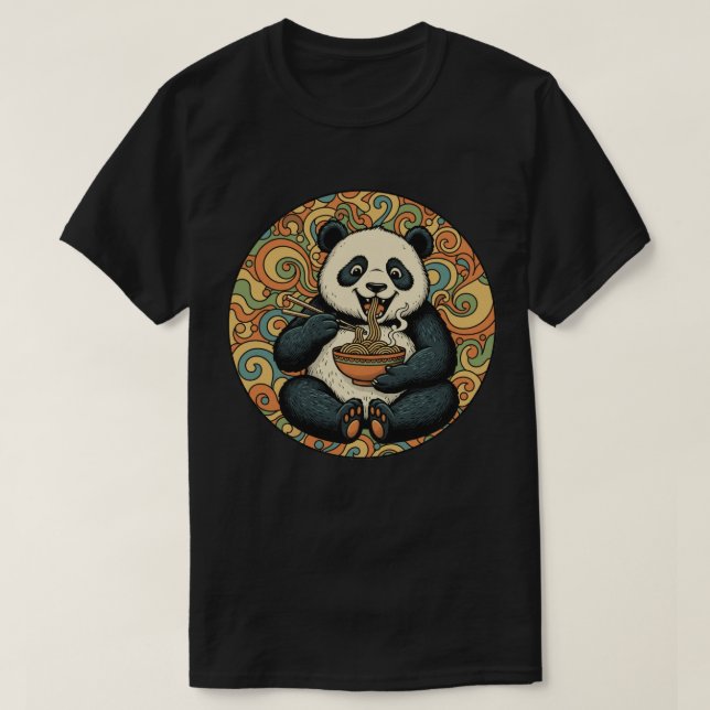 Camiseta Panda Comendo Macarrão - Arte Groovy de Comida Asi (Frente do Design)