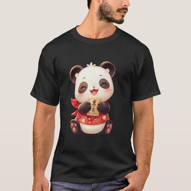 Camiseta Panda Como Maneki-Neko Japonês - Urso Panda Japonê (Frente)