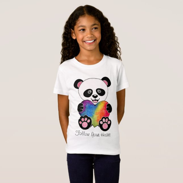 Camiseta Panda Cuta De Aquarela Com Coração Arco-Íris (Frente Completa)