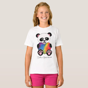 Camiseta Panda Cuta De Aquarela Com Coração Arco-Íris