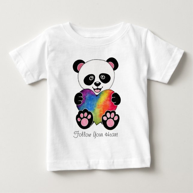 Camiseta Panda Cuta De Aquarela Com Coração Arco-Íris (Frente)