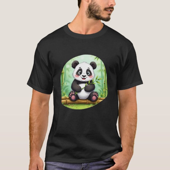 Camiseta Panda de Desenho Animado Fofo em Remendo de Bambu (Frente)
