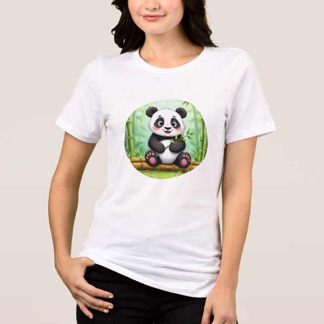 Camiseta Panda de Desenho Animado Fofo em Remendo de Bambu (Frente)