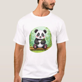 Camiseta Panda de Desenho Animado Fofo em Remendo de Bambu