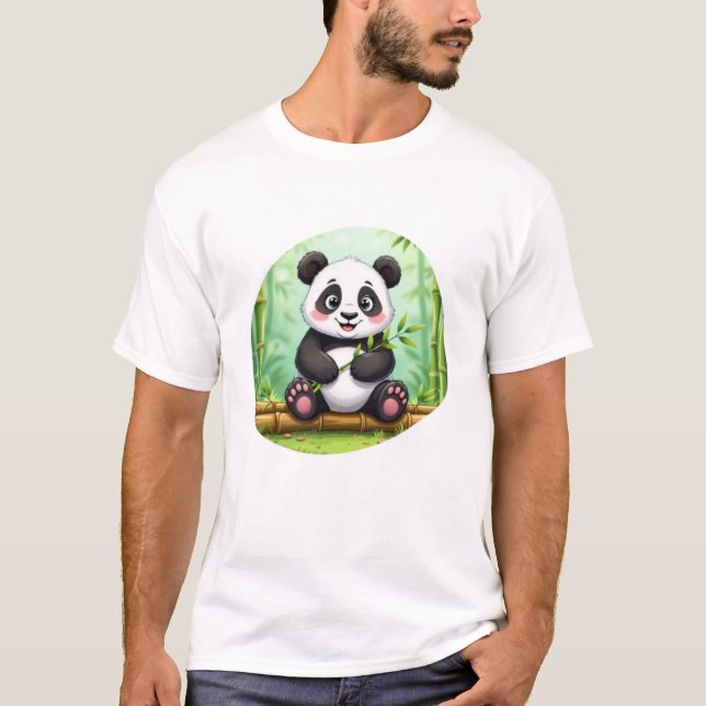 Camiseta Panda de Desenho Animado Fofo em Remendo de Bambu (Frente)