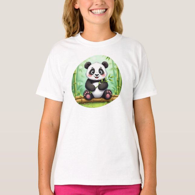 Camiseta Panda de Desenho Animado Fofo em Remendo de Bambu (Frente)