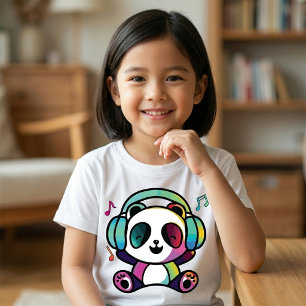 Camiseta Panda feliz com fones de ouvido ouvindo música.