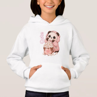 Camiseta Panda Fofa com Capuz Rosa e Chocolate Quente