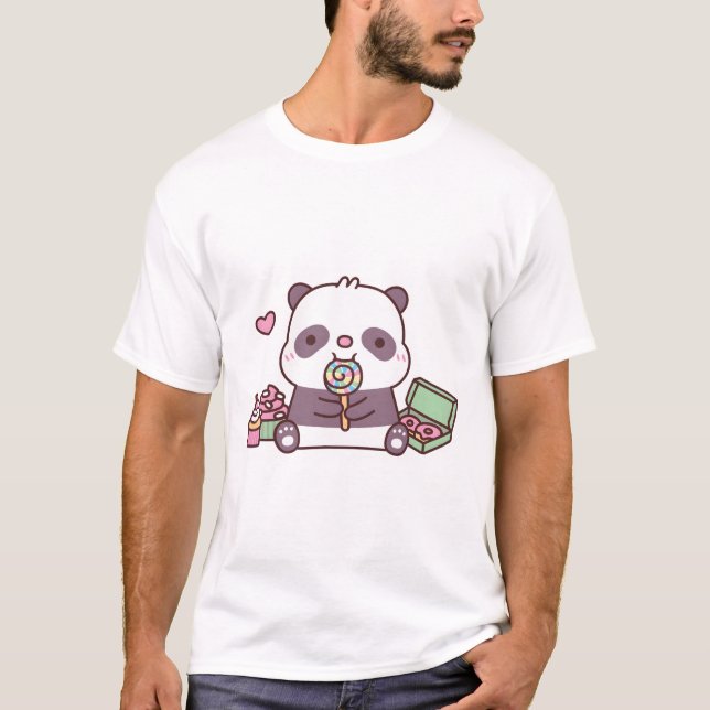 Camiseta Panda Fofo Com Cupcakes De Pirulito Donuts Doce De (Frente)