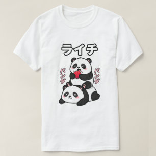 Camiseta Panda Kawaii Empilhado Fruta Lichia Cartoon Japonê