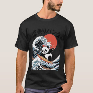 Camiseta Panda Kawaii Surfando Onda Estilo Japonês Oceano S