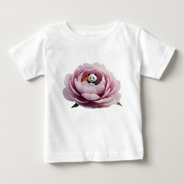Camiseta Panda Miniatura Descansando em Peônia Rosada (Frente)