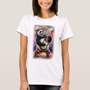 Camiseta Panda Rocker Divertido tocando Rock em um Preto