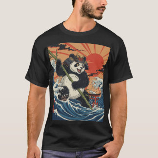Camiseta Panda Samurai Ascendendo entre Ondas Ukiyo