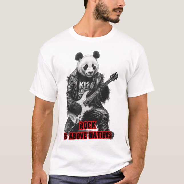 Camiseta Panda Selvagem toca Rock & Roll num Preto (Frente)