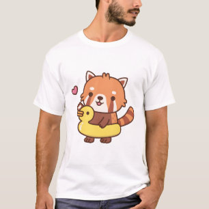 Camiseta Panda Vermelha Bonita Com Piscina Amarelo De Pato 