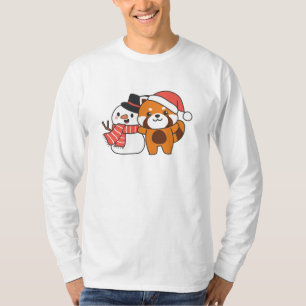 Camiseta Panda Vermelha Com Neve No Inverno Para O Natal
