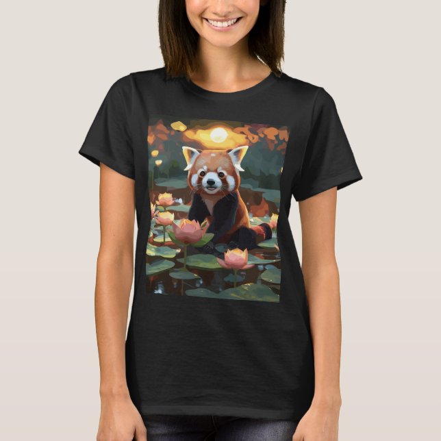 Camiseta Panda vermelha no lago de lótus (Frente)