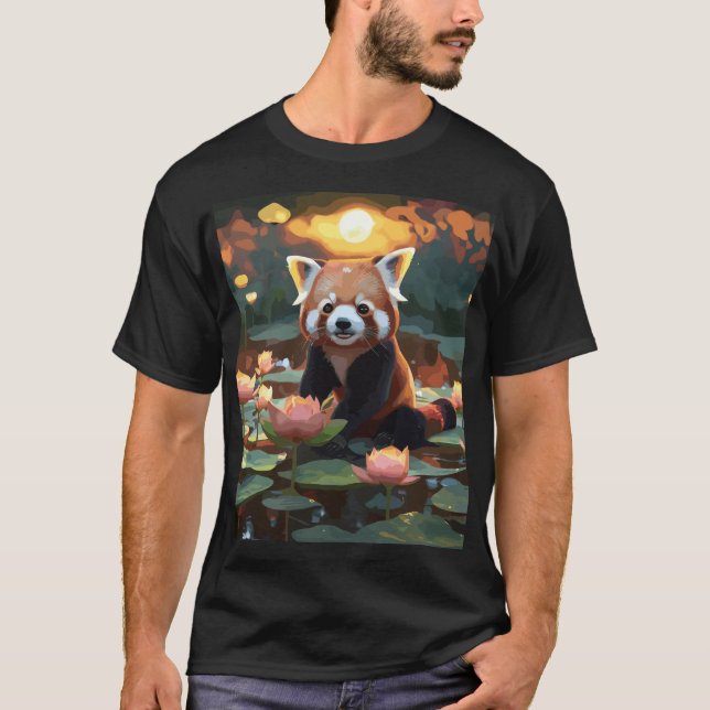 Camiseta Panda vermelha no lago de lótus (Frente)