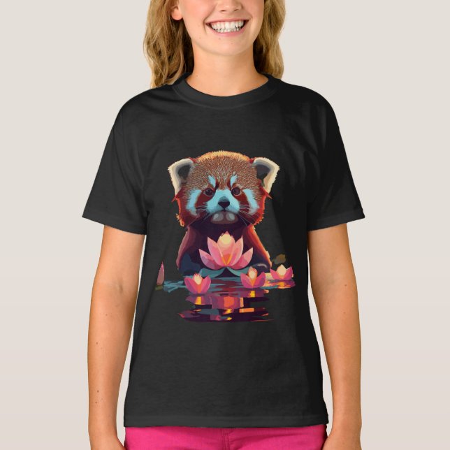 Camiseta Panda vermelha num lago de lótus (Frente)