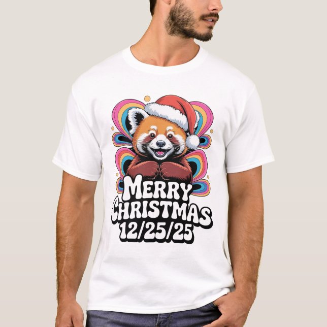 Camiseta Panda Vermelho Feliz Natal 12/25/25 (Frente)
