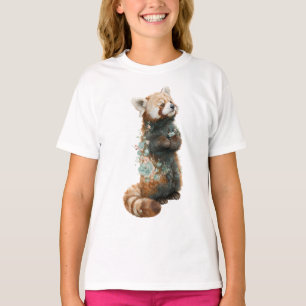 Camiseta Panda Vermelho Floral Aquarela Animal Infantil