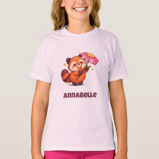 Camiseta Panda Vermelho Fofo com Flor 