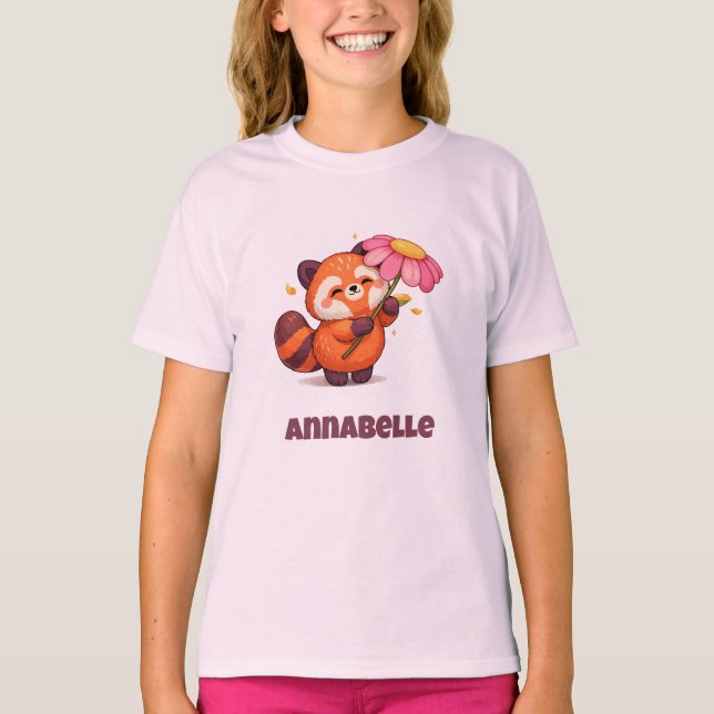 Camiseta Panda Vermelho Fofo com Flor  (Frente)
