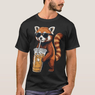 Camiseta Panda Vermelho Fofo e Divertido Bebendo Café Gelad
