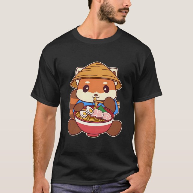 Camiseta Panda Vermelho Kawaii Comendo Macarrão Ra (Frente)
