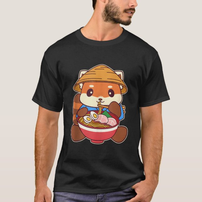 Camiseta Panda Vermelho Kawaii Comendo Ra Noodle (Frente)