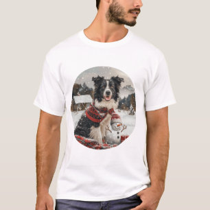 Camiseta Pano Collie Dog Snowman na fronteira de Natal