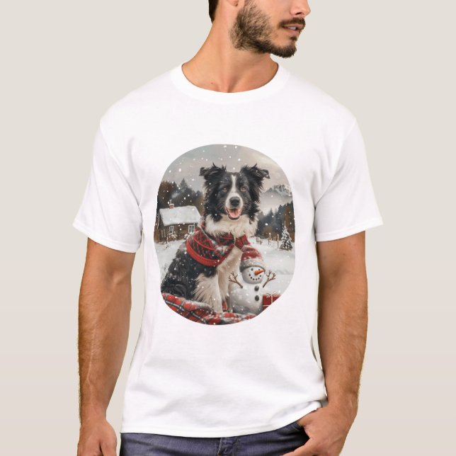 Camiseta Pano Collie Dog Snowman na fronteira de Natal (Frente)