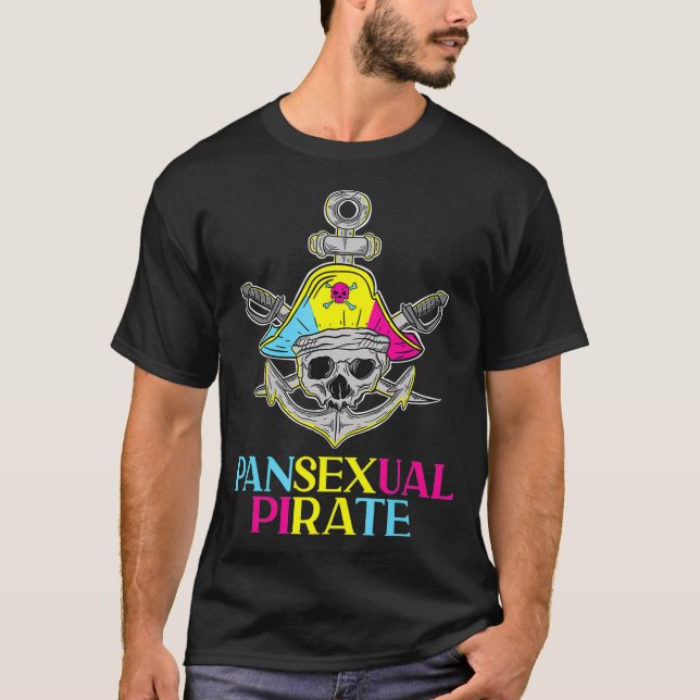Camiseta Pansexual Pride Pirata LGBTQ Mês Pans Cor do Sinal (Frente)