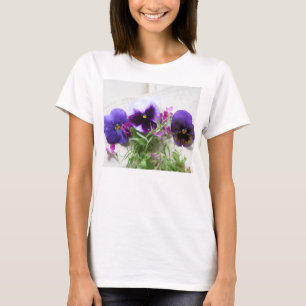 Camiseta Pansies e lobelia em escrita antiga