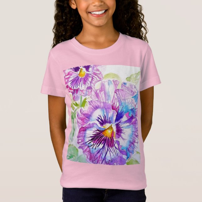 Camiseta Pansy Watercolor Pattern on Purple Blue Pansies (Frente)