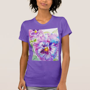 Camiseta Pansy Watercolor Pattern on Purple Blue Pansies