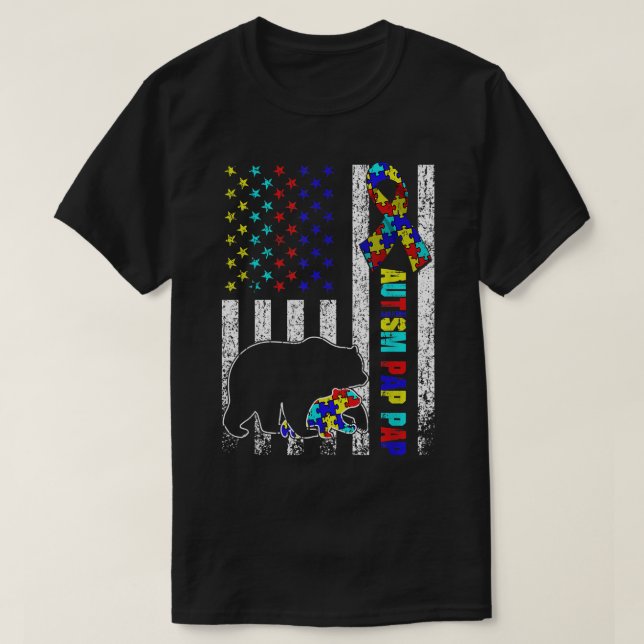 Camiseta Pap Bear Urso de Pap do American Flag Autism (Frente do Design)