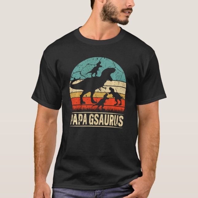 Camiseta Papa G Dinossauro T Rex Papa Gsaurus 3 Crianças Fa (Frente)