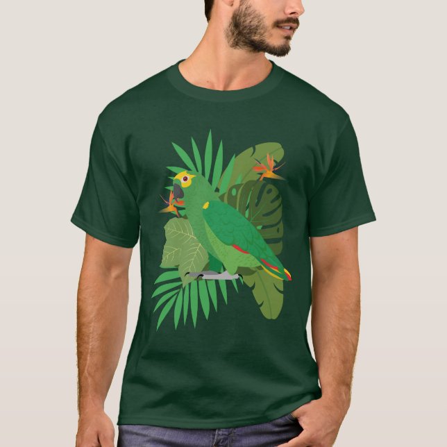 Camiseta papagaio amazônico com fundo de folhas (Frente)
