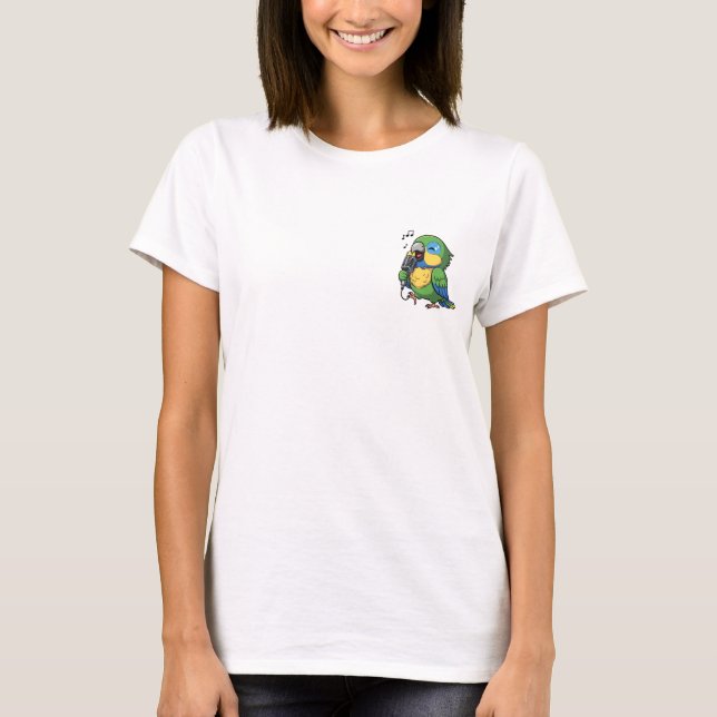 Camiseta Papagaio Cantando com Microfone Antigo e Música (Frente)