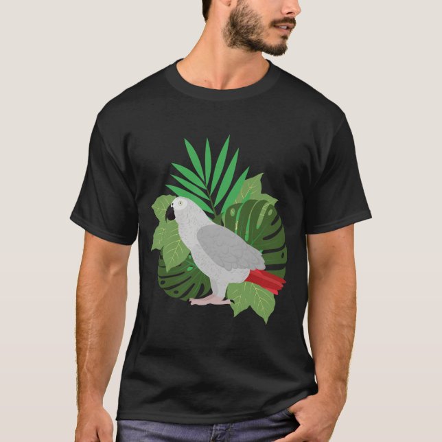 Camiseta Papagaio cinzento africano com folhas  (Frente)
