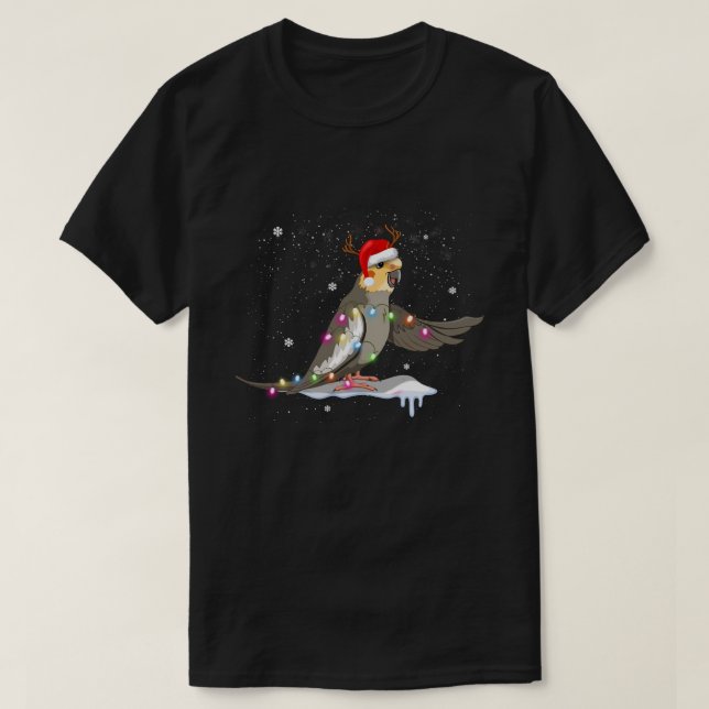 Camiseta Papagaio Cockatiel - Árvore de Natal Bird Santa Ha (Frente do Design)